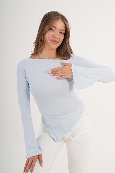 Hipo Trend Bluză asimetrică cu mânecă spaniolă cu croială șnururi, albastru bebeluș