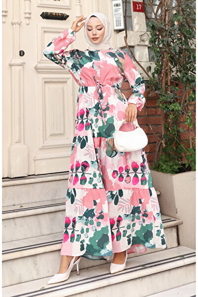 sefamerve Φόρεμα με μοτίβο από ύφασμα με κορδόνια στη μέση 0161-02 Dusty Rose