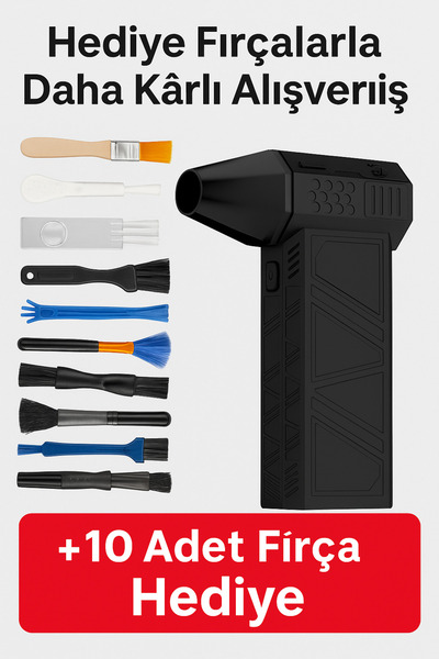 qasul Şarjlı Hava Üfleme Cihazı + 10 Adet Fırça Hediye – Güçlü Temizlik Seti Mini Turbo Jet Fan