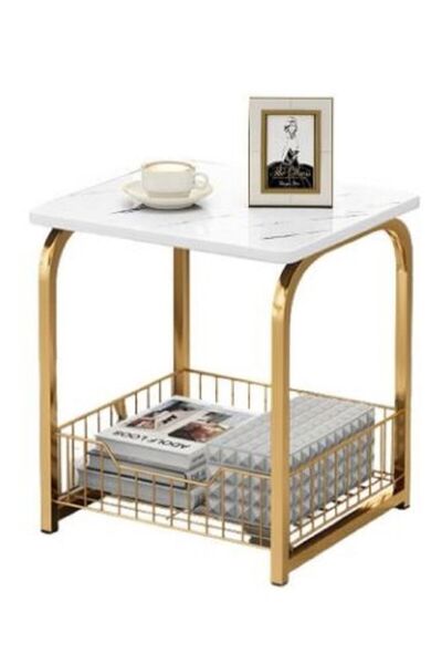 AGD Modern End Table With Storage Basket Sofa Side Table With Marble Design For Living Room