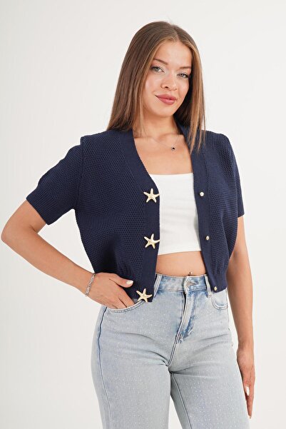 Hipo Trend Accesorii Cardigan tricotat cu mânecă scurtă, albastru închis, cu ...