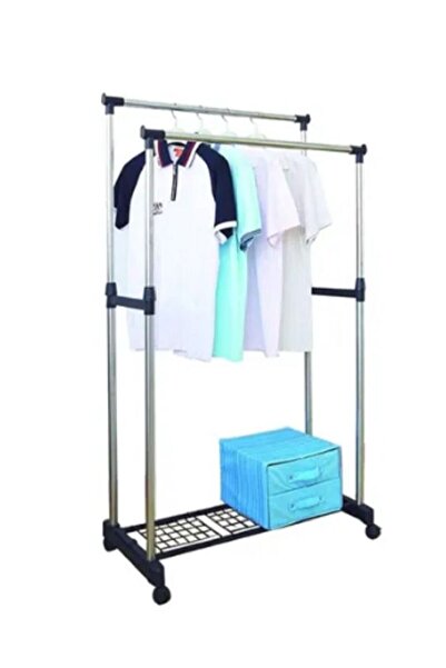 Generic Double Pole Cloths Rack Hanger Silver