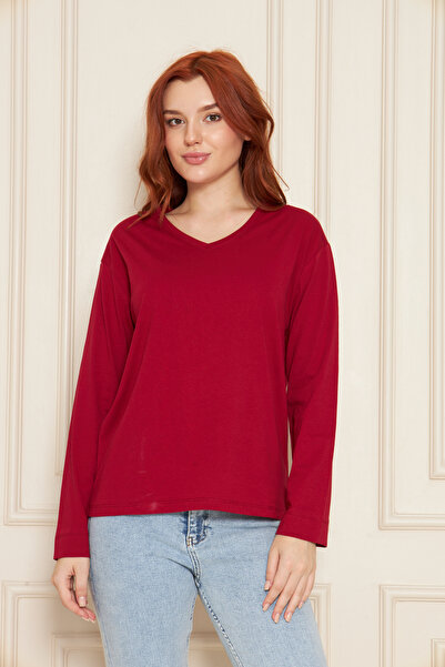 Tight Lady Μπλουζάκι από 100% οργανικό βαμβάκι με λαιμόκοψη σε σχήμα V, μαλακή υφή, κανονική εφαρμογή, άνετη εφαρμογή, μακρυμάνικο χτενισμένο βαμβακερό μπλουζάκι