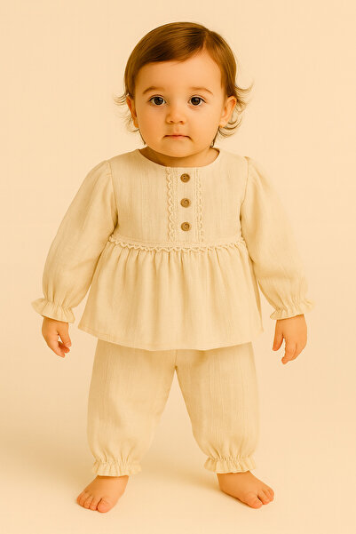 PİETRA BABY KİDS 100% Cotton Muslin Fabric Baby and Child Girls Double Set wi...