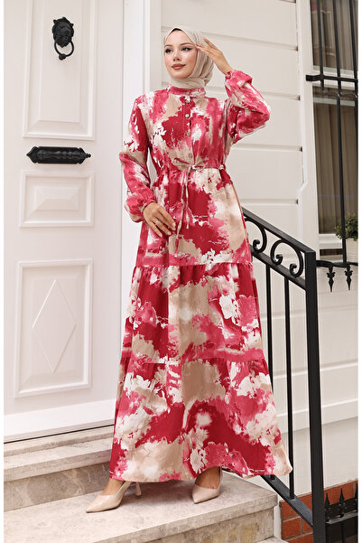 sefamerve Φόρεμα από ύφασμα με κορδόνια στη μέση 0160-02 Βουργουνδία