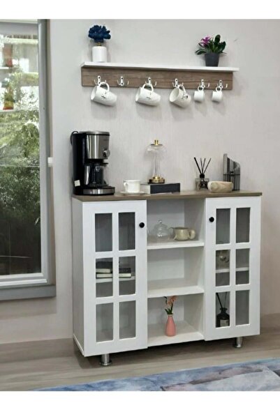 AGD خزانة قهوة، سطح خشبي عريض، أرفف مفتوحة، أبواب زجاجية مع رف توابل خشبي وكوب