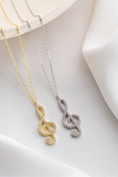 Two Arts Jewelry 925 Ayar Gümüş G Clef Sol Anahtarı Zirkon Taşlı Kolye – Zirkon Taşlı – Kadın