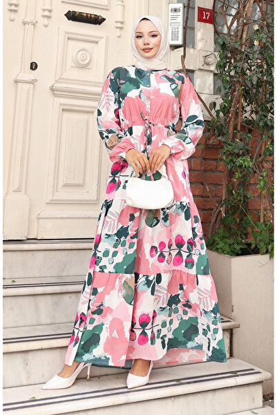 sefamerve Φόρεμα με μοτίβο από ύφασμα με κορδόνια στη μέση 0161-02 Dusty Rose