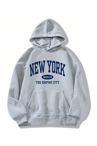 AFROGİYİM Women's New York Printed Hooded Sweatshirt with 2 Thread Count