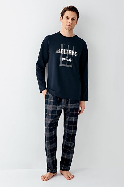 Arnetta Чоловічий темно-синій 100% бавовняний піжамний комплект у клітинку