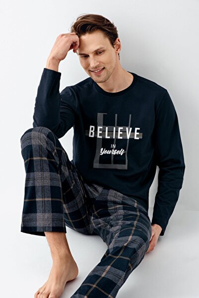 Arnetta Чоловічий темно-синій 100% бавовняний піжамний комплект у клітинку