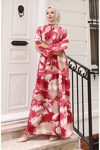 sefamerve Φόρεμα από ύφασμα με κορδόνια στη μέση 0160-02 Βουργουνδία