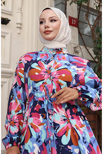 sefamerve Φόρεμα Modal Fabric με μισό κουμπί 0164-01 Ροζ Ναυτικό Μπλε