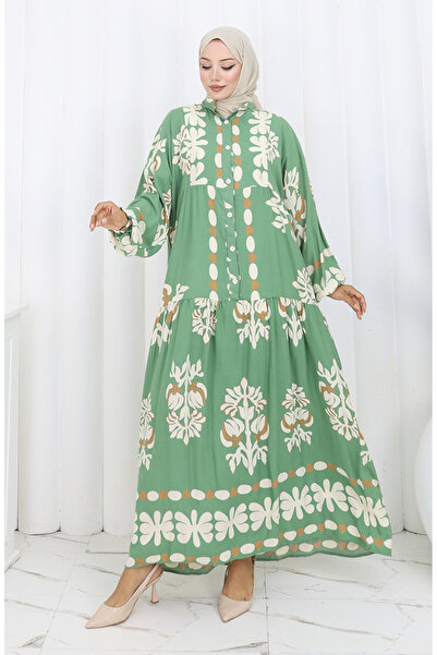 sefamerve Φόρεμα με μισό κουμπί από ύφασμα βισκόζης 2156-01 Χακί