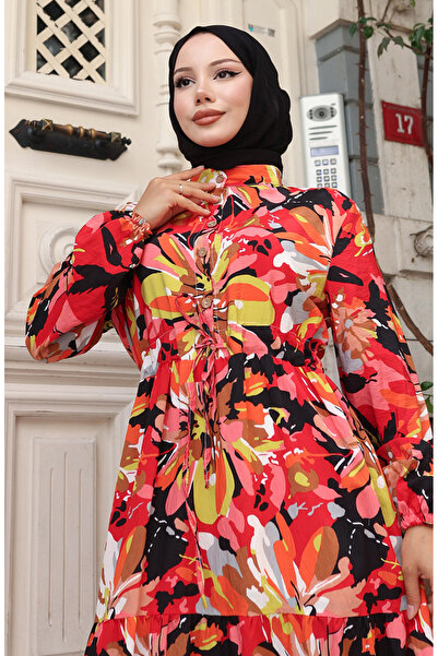 sefamerve Φόρεμα Modal Fabric Half Button 0164-02 Κόκκινο Μαύρο