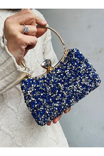 VESSARA حقيبة سهرة نسائية من ساكس بحجر كريستال أزرق من جلد الغزال مع حزامين و...