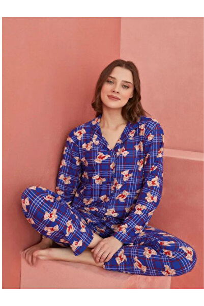 Tutkum Kadın Süvet Pijama Takımı Uzun Kollu Çiçek Desenli Rahat Ev Giyim