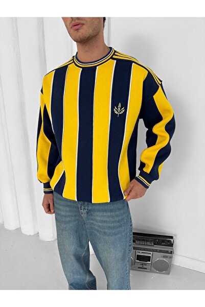 PLÜTON GİYİM Erkek Yaprak Logo Çubuklu Oversize Bisiklet Yaka Sweatshirt