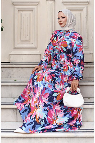 sefamerve Φόρεμα Modal Fabric με μισό κουμπί 0164-01 Ροζ Ναυτικό Μπλε