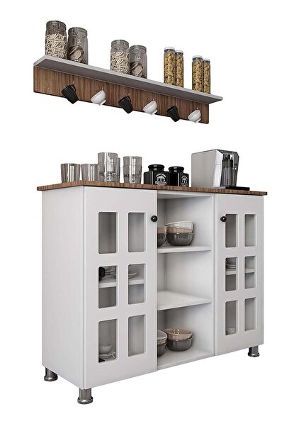 AGD Multipurpose Coffee Cabinet, Wide Wooden Top, Open Shelves, Glass Window Doors with Wooden Spice