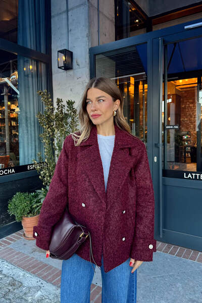 Sue Store Μπουφάν μεγάλου μεγέθους από μάλλινο μείγμα με επένδυση με κουμπιά μπορντό μαργαριτάρι