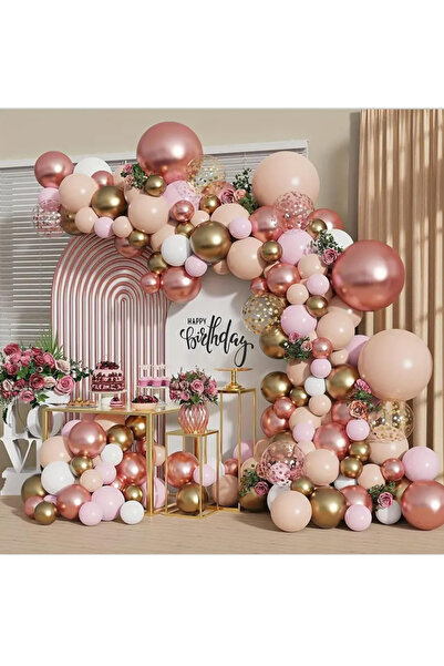 Çemrek Süs Parti Pale Pink Somon Pink Blush Rose Gold Krom Balon Zinciri Seti...