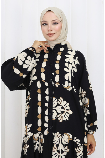 sefamerve Viskon Kumaş Yarım Düğmeli Elbise 2156-02 Siyah