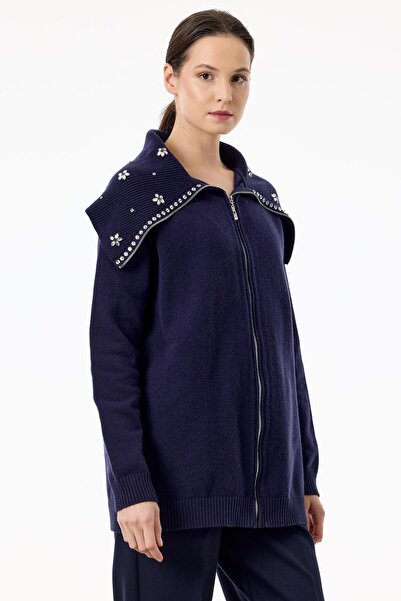 Tığ Triko Denizci Yaka Önden Fermuarlı Dikme Taşlı Hırka LACİVERT