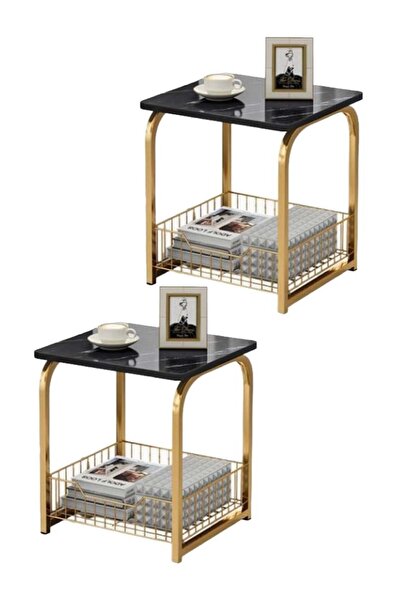 AGD Coffee Table, 2 Piece Set with Bottom Storage Basket, Side Table, Marble Design Sofa Side Table