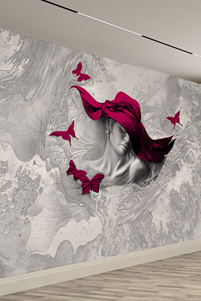 dreamwall Elegance Pembe Şapkalı Kadın ve Kelebek Desenli Tekstil Duvar Kağıdı