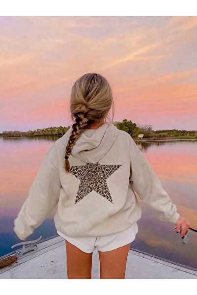 AFROGİYİM Γυναικείο φούτερ με κουκούλα με στάμπα με αστέρια και ανάγλυφο 2 νήματα