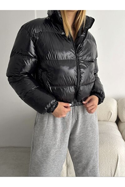 Butik Kadın Şişme Mont Elyaflı Kapüşonsuz Cepli Rüzgar Geçirmez Su Geçirmez K...