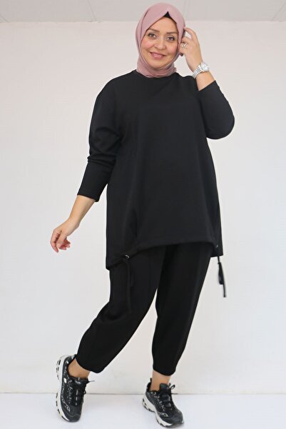 Eslina 57045 Plus Size Modal Pants Suit with Front Tie Detail - Black