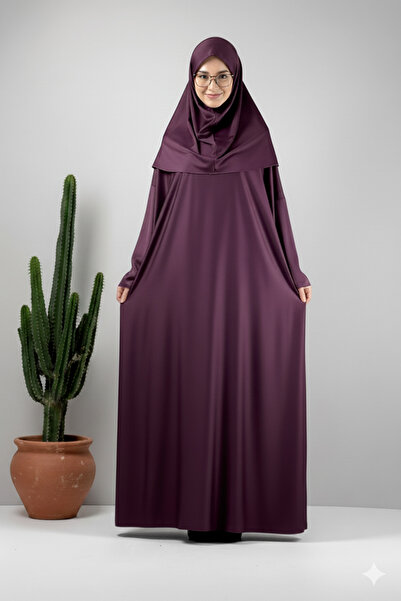 Genel Markalar Tek parça başörtülü kadın tesettür namaz elbisesi düz renk