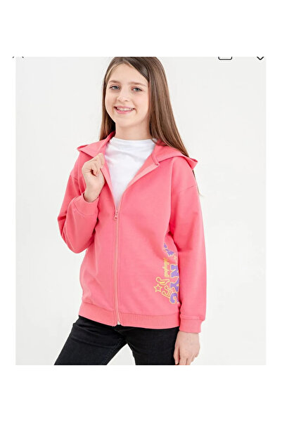Mışıl Kids Pembe Baskılı Uzun Kollu Kız Çocuk Fermuarlı Sweatshirt