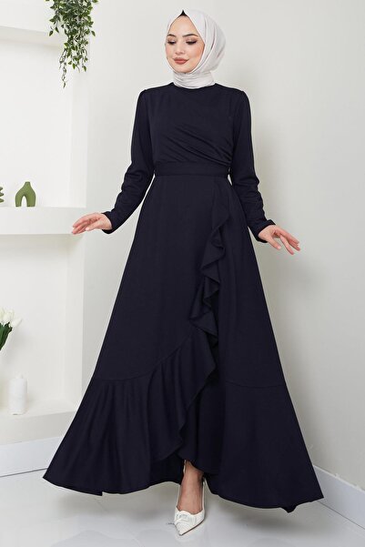 hafsamina Eteği Fırfırlı Drapeli Elbise Lacivert HM2419