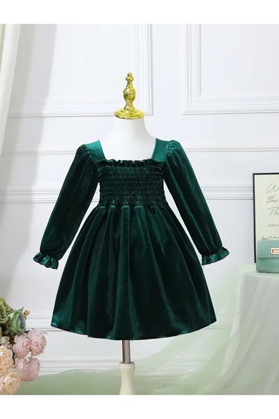 OEM Rochie verde din catifea, cu maneca lunga, fete 5-6 ani, 110-116 cm