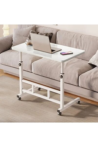 Un طاولة لابتوب متحركة بارتفاع قابل للتعديل، بتصميم بسيط وعصري ابيض