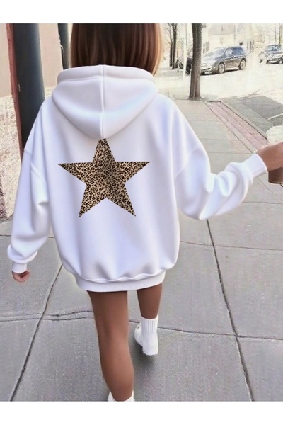 AFROGİYİM Γυναικείο φούτερ με κουκούλα με στάμπα με αστέρια και ανάγλυφο 2 νήματα