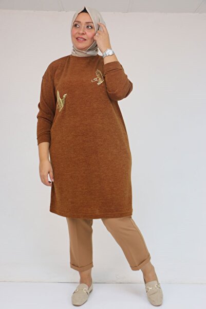 Eslina 58143 Plus Size Mir Tunic with Low Sleeves and Accessory Detail - Tan