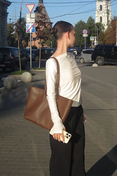 BAHELS Kadın Acı Kahve Basic Fermuarlı Tote El ve Omuz Çantası
