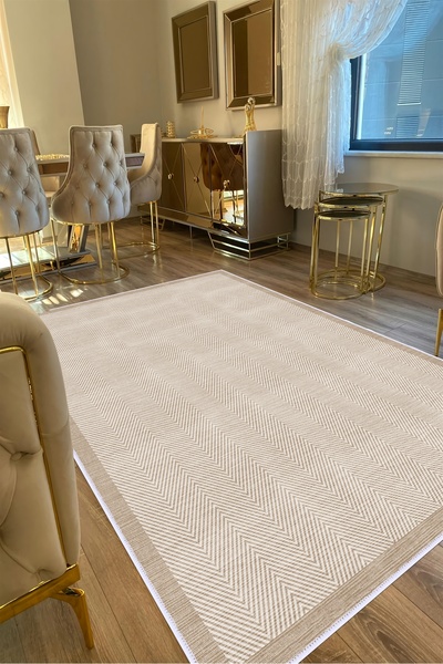 VOPTEKS Vizon Bej Halı Mutfak Halısı Makinede Yıkanabilir Halı Kaymaz Taban Halı