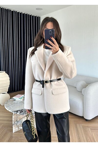 Genel Markalar astarlı sakallı kaşe peluş tasarım kemerli pinterest şık cep detay blazer ceket kaban