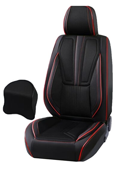 DELUXETUNING Set huse scaune auto, piele ecologica culoare neagra cu textil negru si cusatura rosie, fata-spate