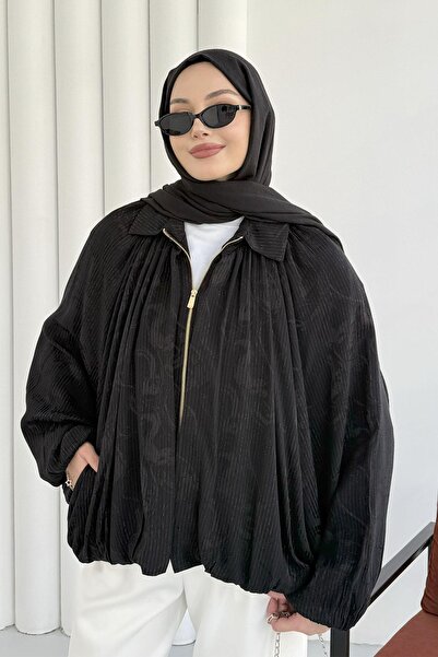 Modaensarbutik Batwing Sleeve Glitter Jacquard Bomber Jacket 3024 - Black