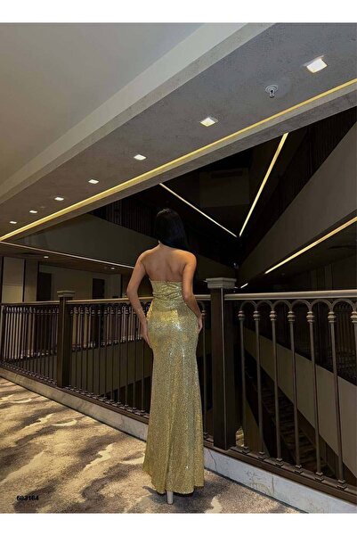 zoezoe STRAPLEZ YAKA YIRTMAÇLI UZUN BOY DÜĞÜN DAVET KINA ELBİSESİ