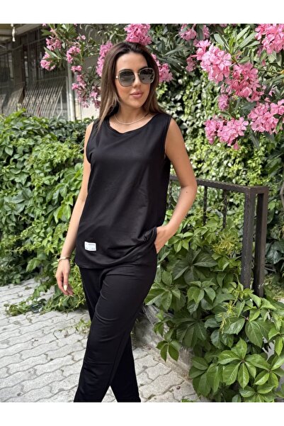 goopall Women's Strappy Round Neck Viscose Two Thread Blouse and Sweatpants Double Set