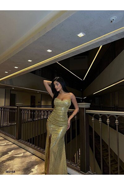 zoezoe STRAPLEZ YAKA YIRTMAÇLI UZUN BOY DÜĞÜN DAVET KINA ELBİSESİ