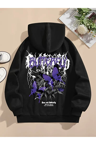 İSMTEXS سويت شيرت بقلنسوة مطبوع عليه فراشة على الذراع والصدر بنمط رياضي للجنس...