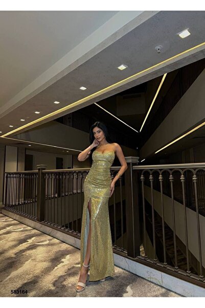 zoezoe STRAPLEZ YAKA YIRTMAÇLI UZUN BOY DÜĞÜN DAVET KINA ELBİSESİ